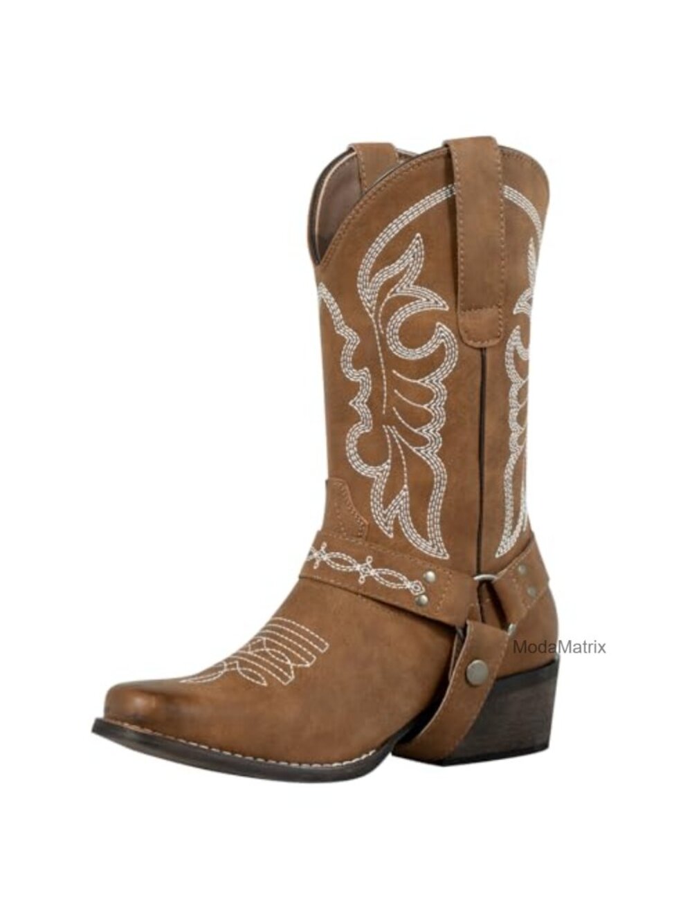 Women's Square Toe Mid Calf Western Cowboy Boots Faux Leather Pull-On